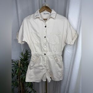Zara Women’s Ivory Button Down Denim Romper Sz Medium